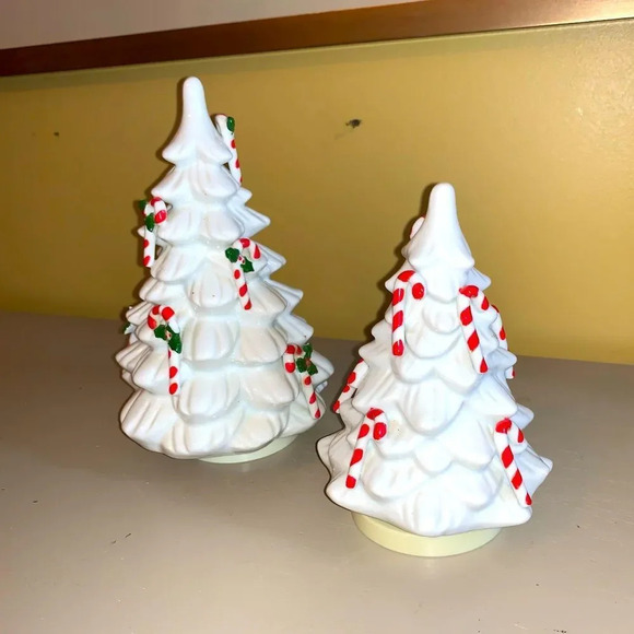 Set 2 White Ceramic Music Box Christmas Trees EUC - Picture 1 of 5